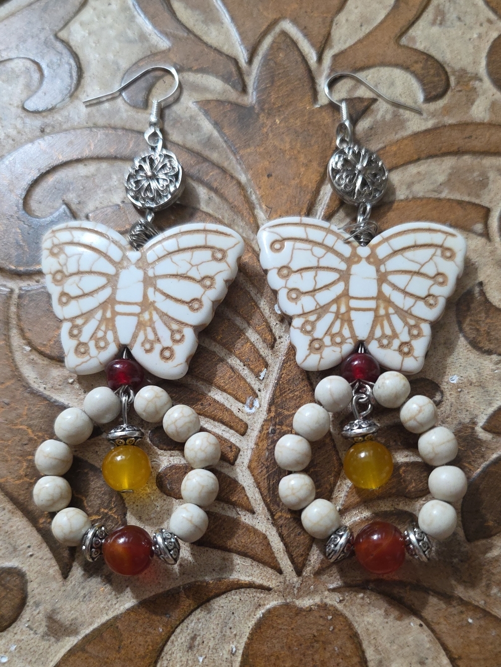 Handcrafted White Butterfly Bead Hoop Earrings - Unbranded